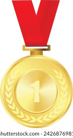 Realistic Gold Medal with red ribbon Vector, 1st Golden Award, 1st Prize, Golden Challenge Award red ribbon, handing award, Medal Award winner, First place trophy, Golden Coin winner