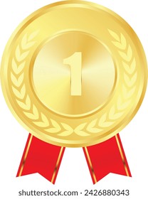 Realistic Gold Medal with red ribbon  Vector, 1st Golden Award, 1st Prize, Golden Challenge Award red ribbon, Medal Award winner, First place trophy, Golden Coin winner