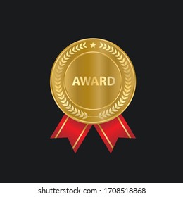 Realistic Gold medal with red ribbons for Winner isolated. Honor prize. Vector illustration