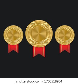 Realistic Gold medal with red ribbons for Winner isolated. Honor prize. Vector illustration