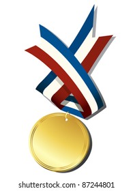 Realistic gold medal and ribbon, isolated objects over white background