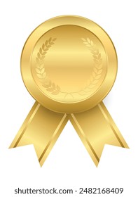 Medalla de oro realista con cinta de raso brillante y corona de laurel, círculo de oro Ilustración vectorial de premio de la moneda. insignia de ganador de oro 3d, medallón para campeón, diseño de premio de trofeo brillante de forma circular.