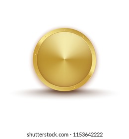 Realistic gold medal with shadows and golden stars on a edge. Gold empty coin template for any designs, app, web. Symbol or pictogram of rich, premium quality. Vector stock. Icon, button isolated. 