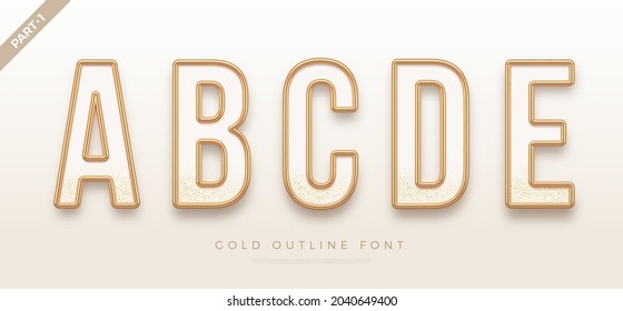 Realistic Gold Metal Font. Golden Ouline Font. Metallic 3d Typeface. English Alphabet. Vector Illustration.