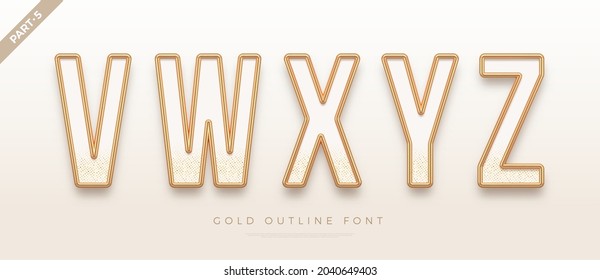 Realistic gold metal font. Golden ouline font. Metallic 3d typeface. English alphabet. Vector illustration.