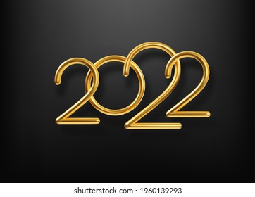 Realistic gold metal inscription 2022. Gold calligraphy New Year 2022 lettering on the black background. Design element for advertising poster, flyer, postcard. Vector illustration EPS10