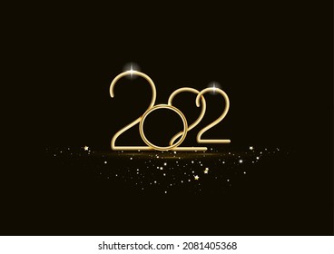 Realistic gold metal inscription 2022. Gold calligraphy New Year 2022 lettering on the black background. Design element for advertising poster, flyer, postcard. Vector illustration