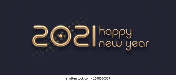 Realistic gold metal logo of 2021 new year on black background. New year greeting card. Design for poster, flyer, invitation, postcard, advertising.