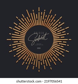 Realistic gold metal sunburst rays on dark background and copy space. 3d render vector illustration