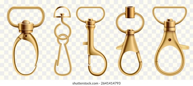 Realistic gold metal swivel lobster clasps in various shapes, commonly used in keychains, crafts, and bags. Vector illustration