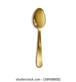 Realistic gold metal tea spoon isolated on white background - golden cutlery element with shiny reflective surface. Little teaspoon from top view - vector illustration