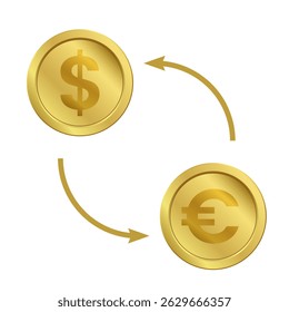 Realistic gold metallic currency coin, award, medal with up and down arrows, euro and dollar money change render icons. Vector illustration EPS10
