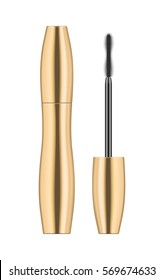 Realistic gold metallic tube with mascara and brush. 3d package. Container of cosmetic product for eye beauty. Vector illustration isolated on white background.