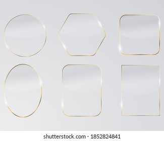 Realistic gold mirrors. Metal round and rectangular mirror frame, white mirrors template. Makeup or interior furniture reflecting glass surfaces 3D isolated icons vector set
