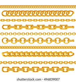 Realistic gold necklace chains vector brushes set. Golden metal chain link for decoration illustration