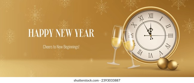 Realistic gold New Year banner, featuring a clock, snowflakes and champagne. Gold and Christmas themed decorations. Suitable for invitations, greetings, and event promotions. Not AI generated.