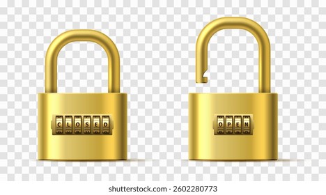 Realistic gold open and closed code lock on transparent background. Spinning reels with password word letters. Combination padlock. Passcode encryption. 3D interlock