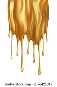 Realistic gold paint drip isolated on white background. Dripping, spreading gold paint. Golden Fluid Flow. Vector illustration EPS10