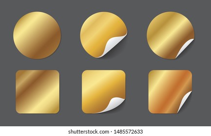 Realistic gold paper stickers. Adhesive round and rectangular price tags, blank fold corner paper mockup. Vector cardboard labels