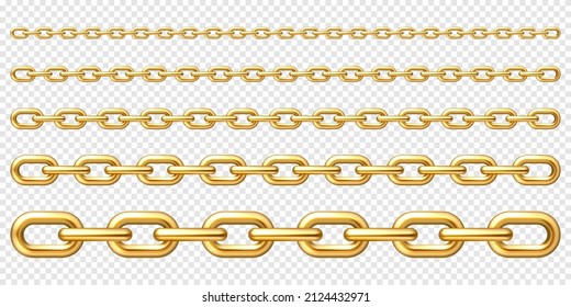 Realistic gold plated metal chain with golden links on checkered background. Vector illustration.