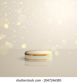 Podio de oro realista con partículas en caída, perfecto para productos de lujo.Encantador podio de producto