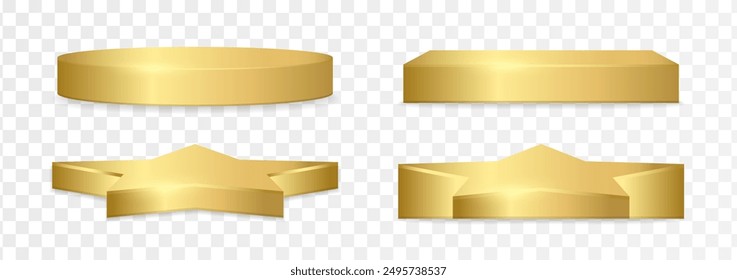 Realistic gold podium or pedestal stage in circle square and star shape for product display presentation on white background