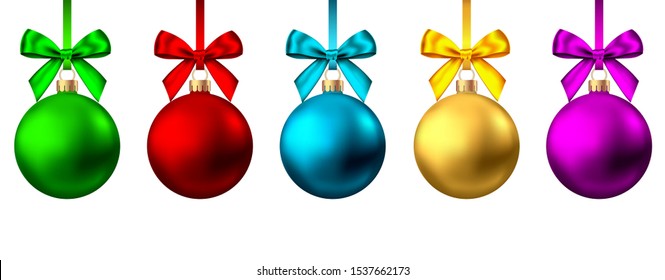 Realistic  gold, red, blue, purple  Christmas  balls  with bow and ribbon isolated on white background. Vector  Xmas  tree decoration.