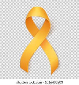 Realistic gold ribbon, childhood cancer awareness symbol, isolated over transparent background, vector illustration