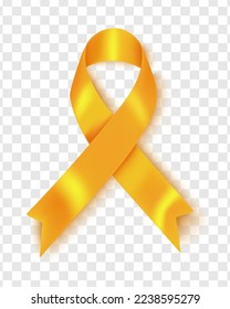 Realistic gold ribbon, childhood cancer awareness symbol, isolated over transparent background, vector illustration