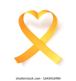 Realistic gold ribbon heart shaped. World childhood cancer symbol 15th of february, vector illustration. Template for poster for cancer awareness month in september.