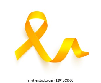 Realistic gold ribbon over white background. World childhood cancer symbol, vector illustration. Template for poster for cancer awareness month.