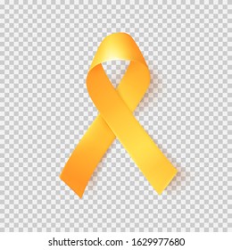 Realistic gold ribbon. World childhood cancer symbol 15th of february, vector illustration. Template for poster for cancer awareness month in september.