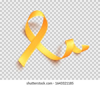 Realistic gold ribbon. World childhood cancer symbol 15th of february, vector illustration. Template for poster for cancer awareness month in september.