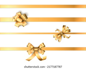 Realistic gold ribbons. Holiday present decoration. Golden tapes with shiny bows. Silk cloth and festive knots. Christmas or birthday gift. Vector anniversary horizontal