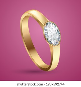 realistic gold ring with a diamond for necklace and jewelry isolated pink gradient background for valentine day or wedding gift vector illustration