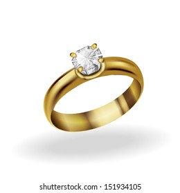 realistic gold ring with a diamond on a white background