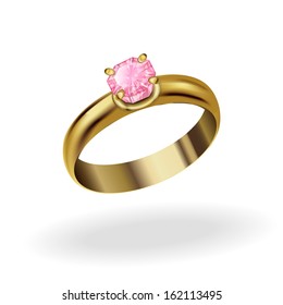 realistic gold ring with a pink stone engagement ring icon, turned three-dimensional image of jewelry