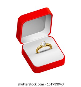 realistic gold ring in a red velvet box with a diamond on a white background