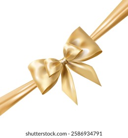 Realistic gold satin bow on a diagonal ribbon with a shiny texture.Elegant Gold Ribbon Bow Suitable for gift wrapping designs, holiday cards, packaging, branding, and festive decorations.Vector 