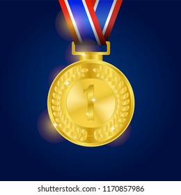 realistic gold shiny medal for sport or competition with laurel wreath and ribbon. vector illustration