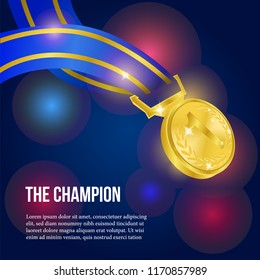 realistic gold shiny medal for sport or competition with laurel wreath and ribbon. Winner announcement template with bokeh background. vector illustration