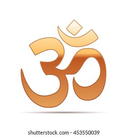 Realistic Gold sign Om. Symbol of Buddhism and Hinduism religions icon on white background. Vector Illustration