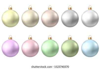 Realistic  gold, silver, blue, green, pink, purple  Christmas  balls  isolated on white background. Vector  Xmas  tree decoration.