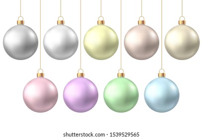 Realistic  gold, silver, blue, green, pink, purple  Christmas  balls  isolated on white background. Vector  Xmas  tree decoration.