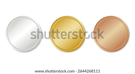 Realistic gold, silver and bronze empty medals. Round icons isolated on a white background.