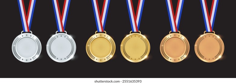 Realistic Gold, Silver and Bronze Medal Icon Set - First, Second, Third Place, Champion and Runner-Up Icons for Competitions, Certificates and Designs. Vector.