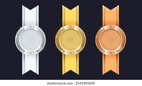Realistic Gold, Silver, and Bronze Medals with Vertical Ribbons - 3D Award Seals for Labels, Certificates, and Badges. Vector.