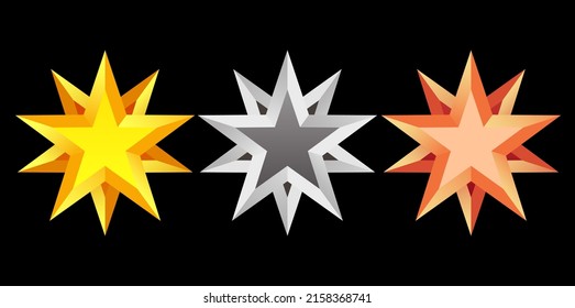Realistic gold, silver, bronze star vector set. Shiny 3D star icons with various models. Design elements for the rangking