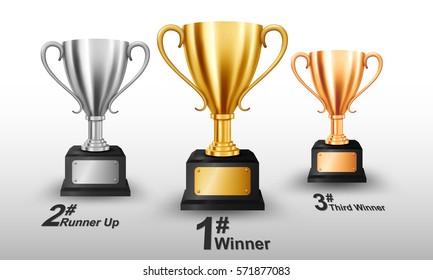 Realistic Gold, Silver, and Bronze Trophy with text space. Vector Illustration