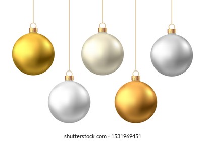 Realistic  gold, silver  Christmas  balls  isolated on white background. Vector  Xmas  tree decoration.